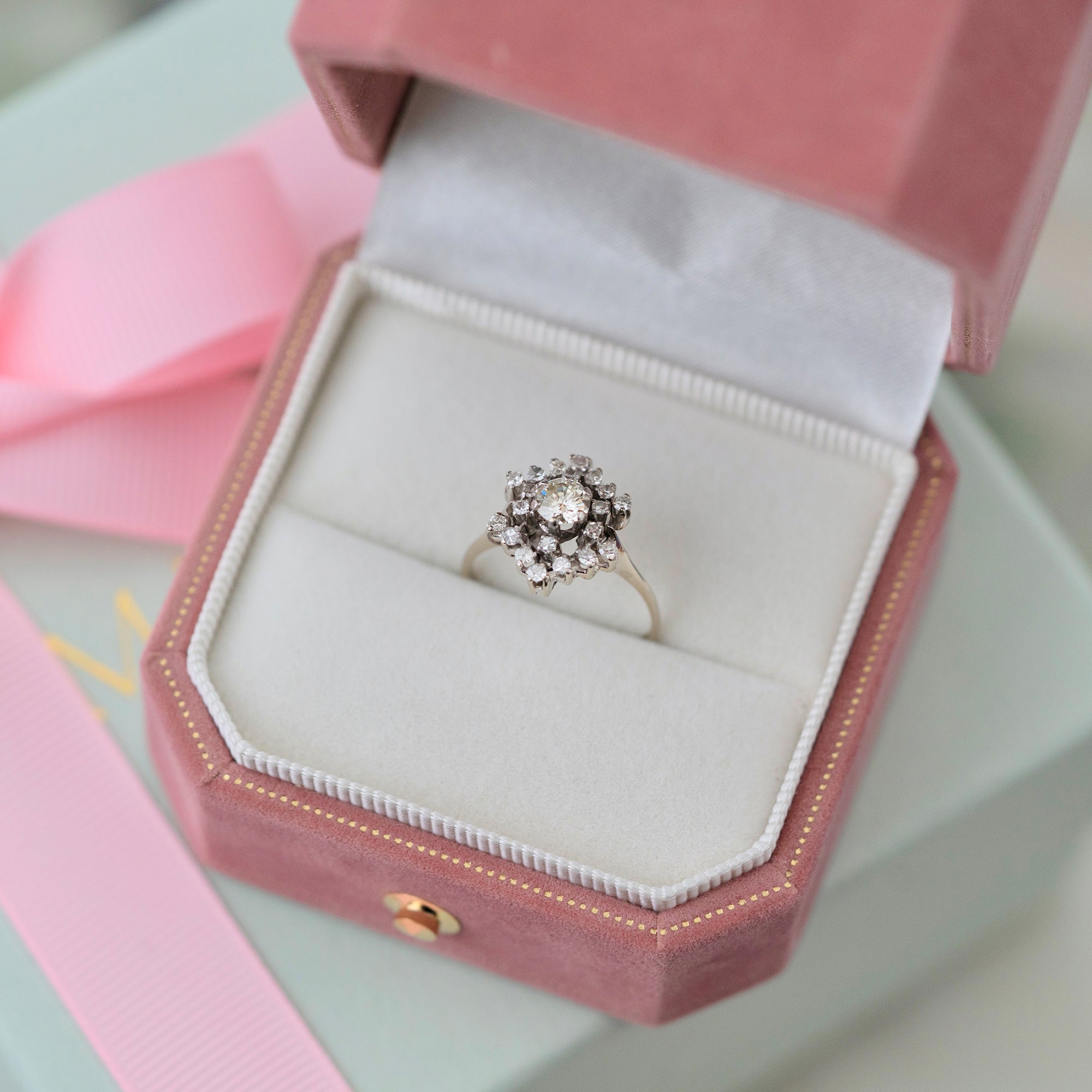 Mid-Century 1950s 0.55 Carat Diamond 18K White Gold Cluster Vintage Engagement Ring, view 8