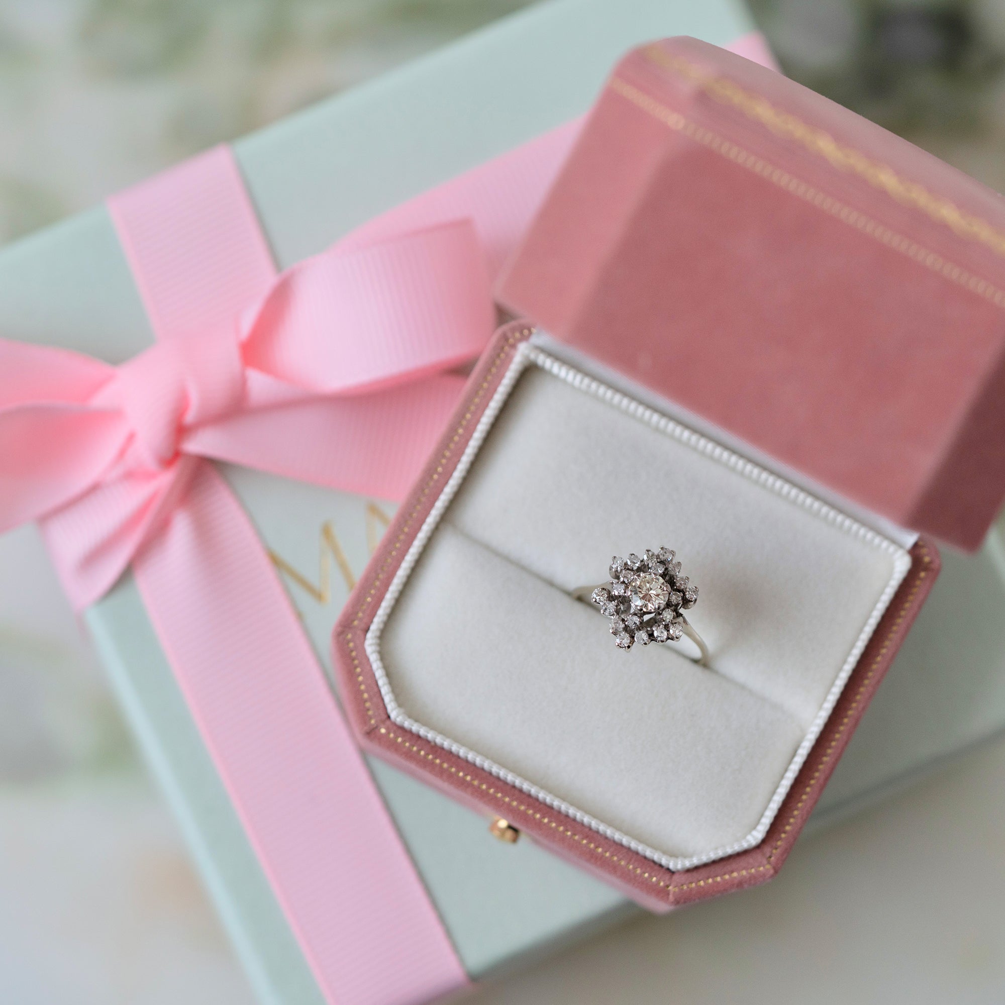 Mid-Century 1950s 0.55 Carat Diamond 18K White Gold Cluster Vintage Engagement Ring, view 6