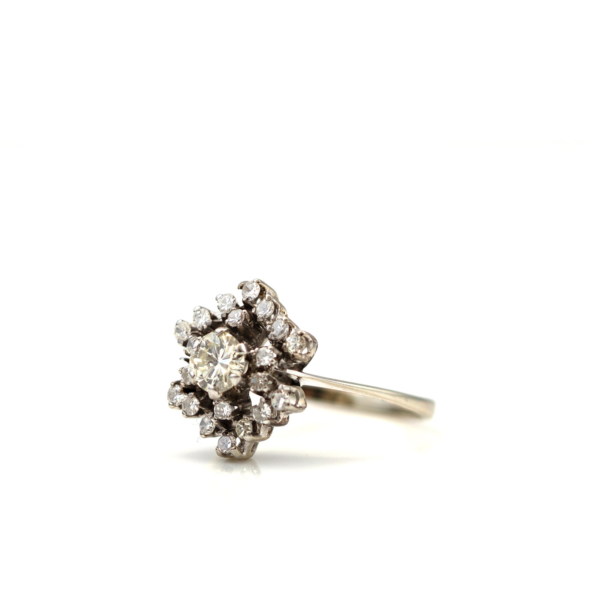 Mid-Century 1950s 0.55 Carat Diamond 18K White Gold Cluster Vintage Engagement Ring, view 4