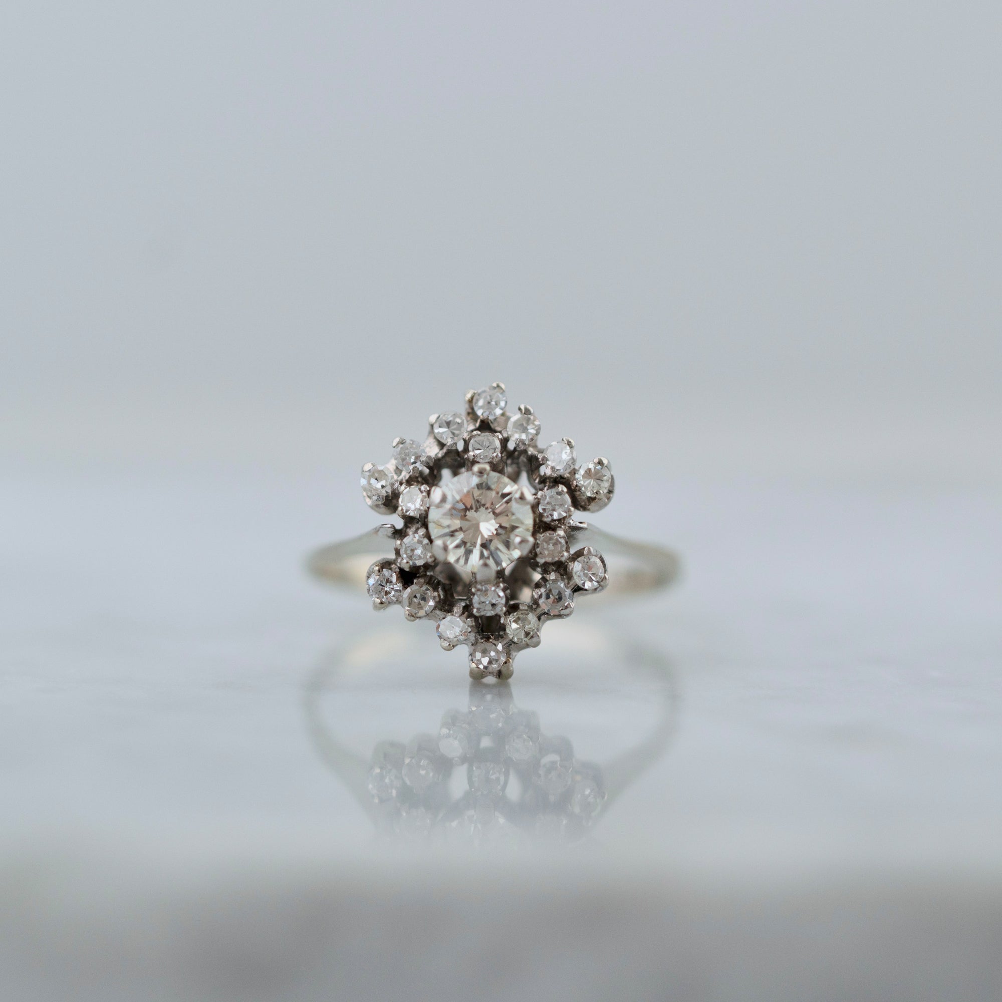 Mid-Century 1950s 0.55 Carat Diamond 18K White Gold Cluster Vintage Engagement Ring, view 5