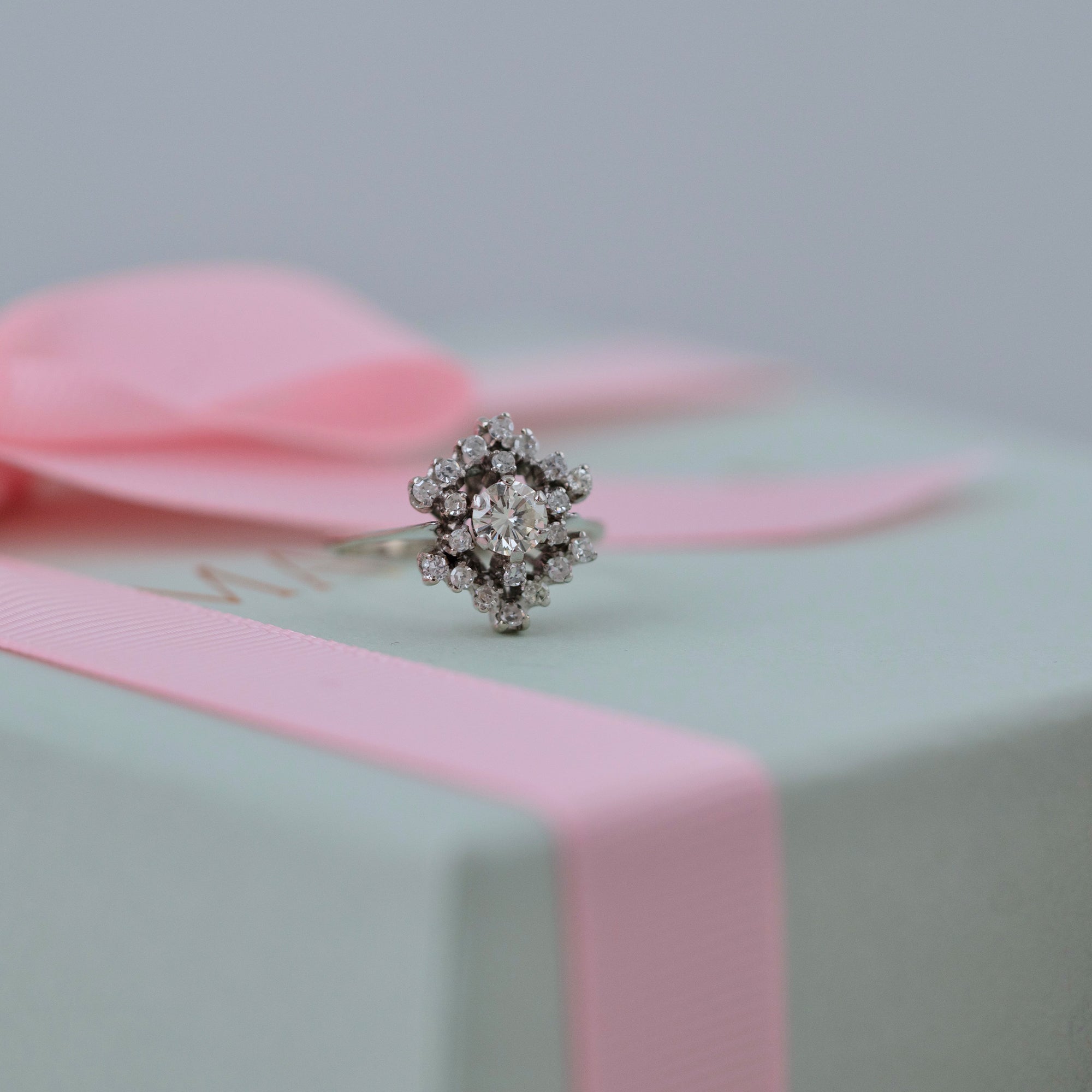 Mid-Century 1950s 0.55 Carat Diamond 18K White Gold Cluster Vintage Engagement Ring, view 13
