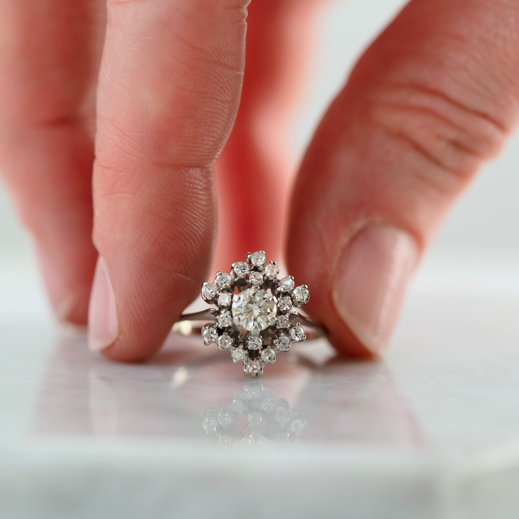 Mid-Century 1950s 0.55 Carat Diamond 18K White Gold Cluster Vintage Engagement Ring, view 2