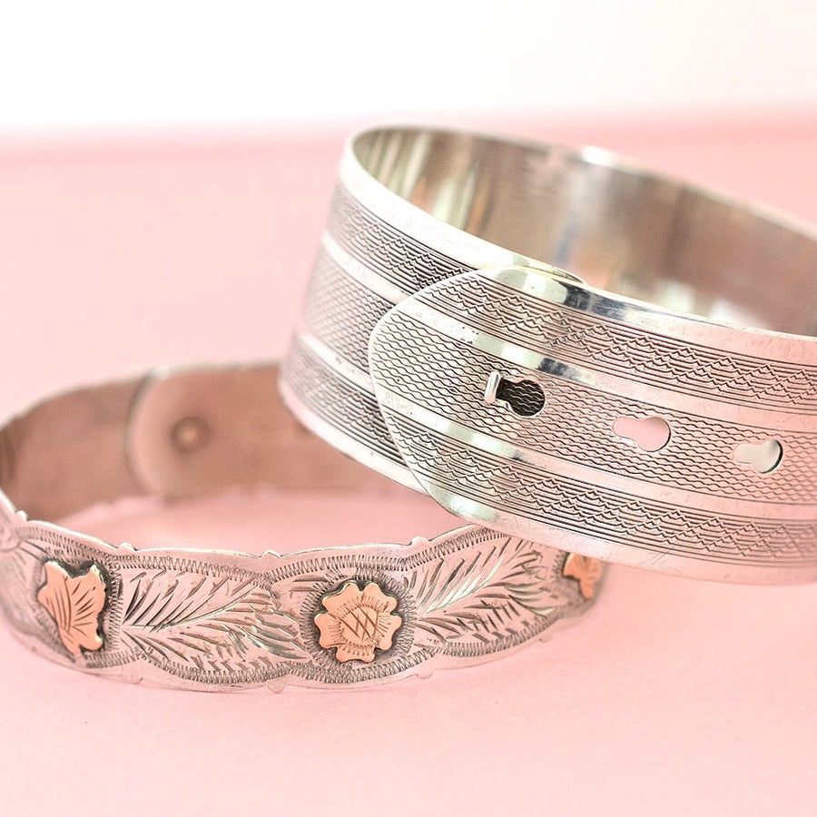 Vintage 1960 Scottish Silver and Rose Gold Ivy Bangle Bracelet