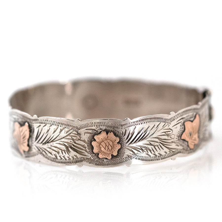 Vintage 1960 Scottish Silver and Rose Gold Ivy Bangle Bracelet
