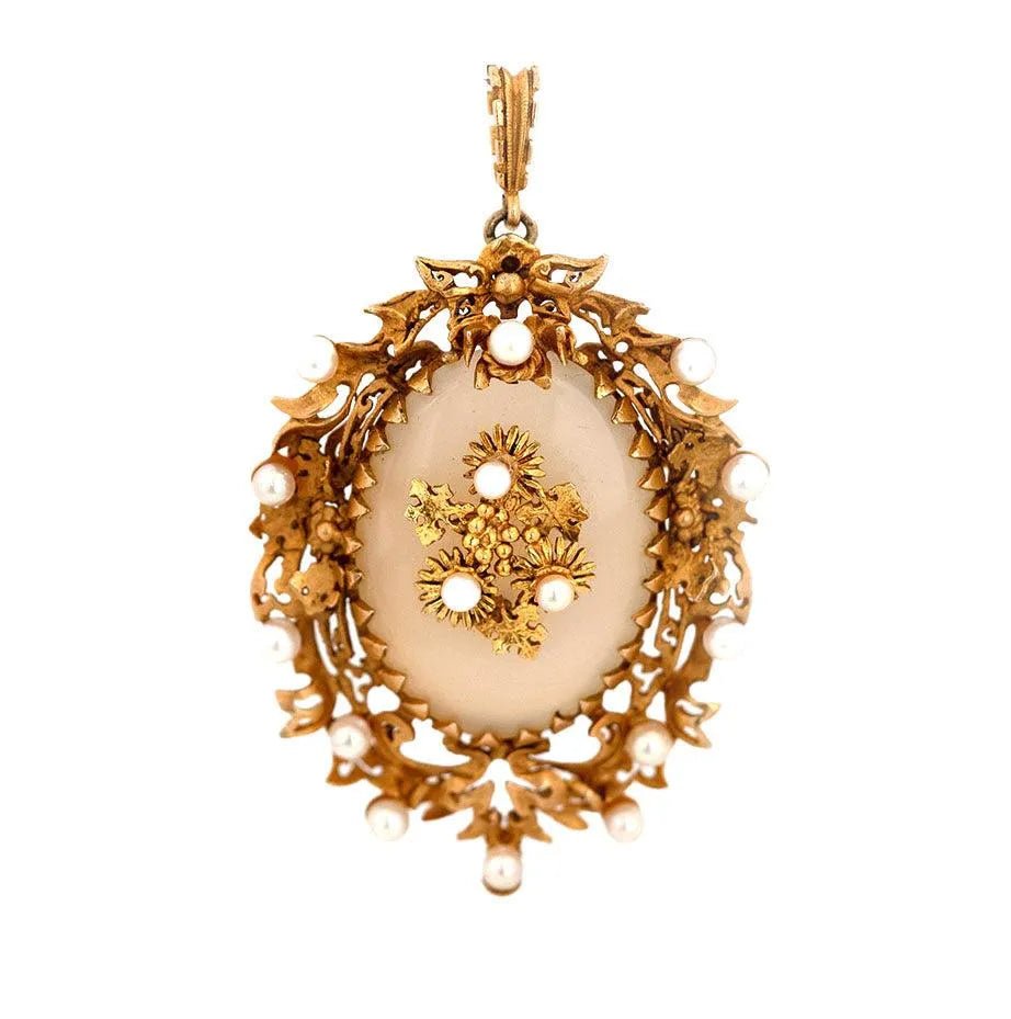 Broche-Collar de Calcedonia y Perlas en Oro de 9 quilates, Vintage 1975