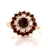 Vintage 1975 Garnet Pearl 9ct Gold Cocktail Ring