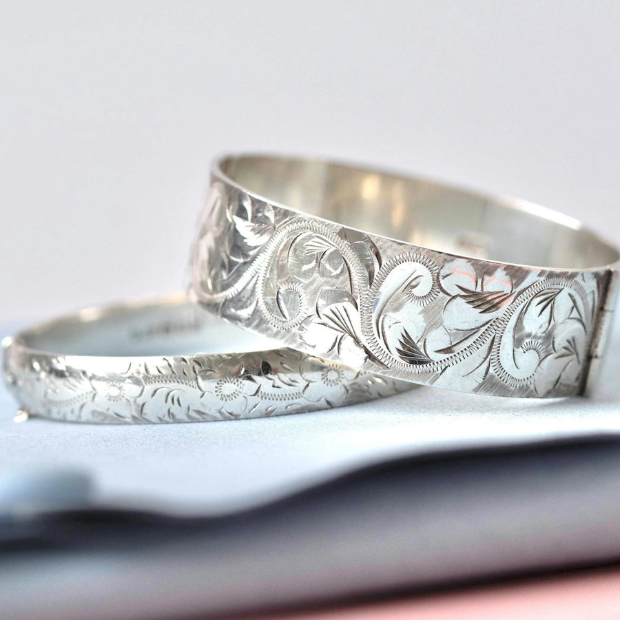 Vintage 1976 Silver Engraved Wide Bangle Bracelet