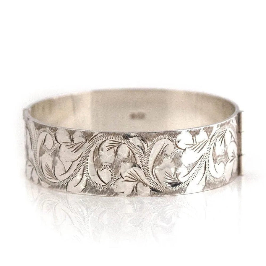 Vintage 1976 Silver Engraved Wide Bangle Bracelet