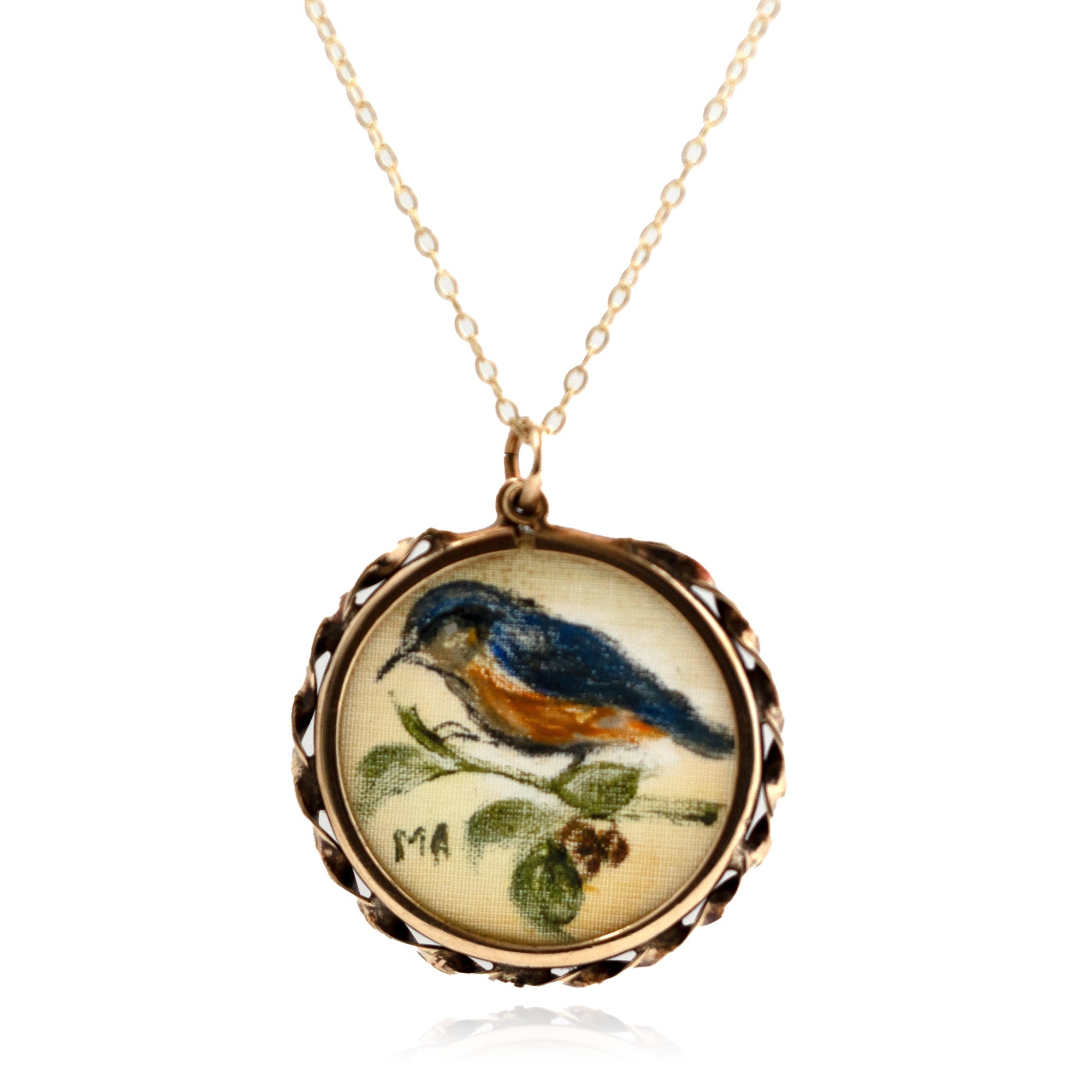 Vintage 1988 9ct Gold Painted Bird Glass Locket Necklace, view 4
