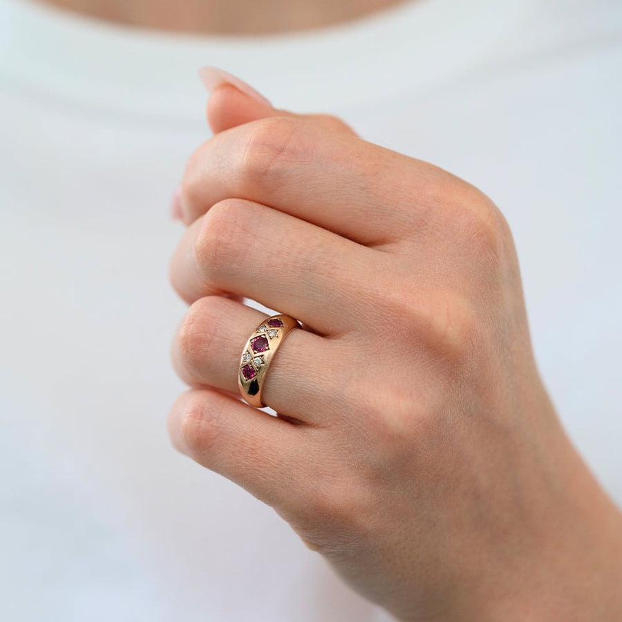 Vintage 1990 Ruby Diamond 9ct Rose Gold Ring