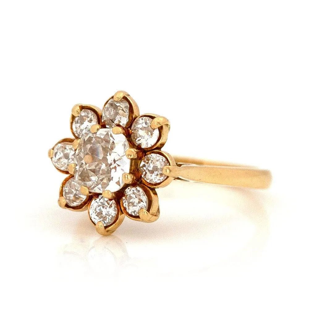 Vintage 2.45 Carat Old Mine and Old European Cut Diamond 18K Yellow Gold Flower Cluster Engagement Ring