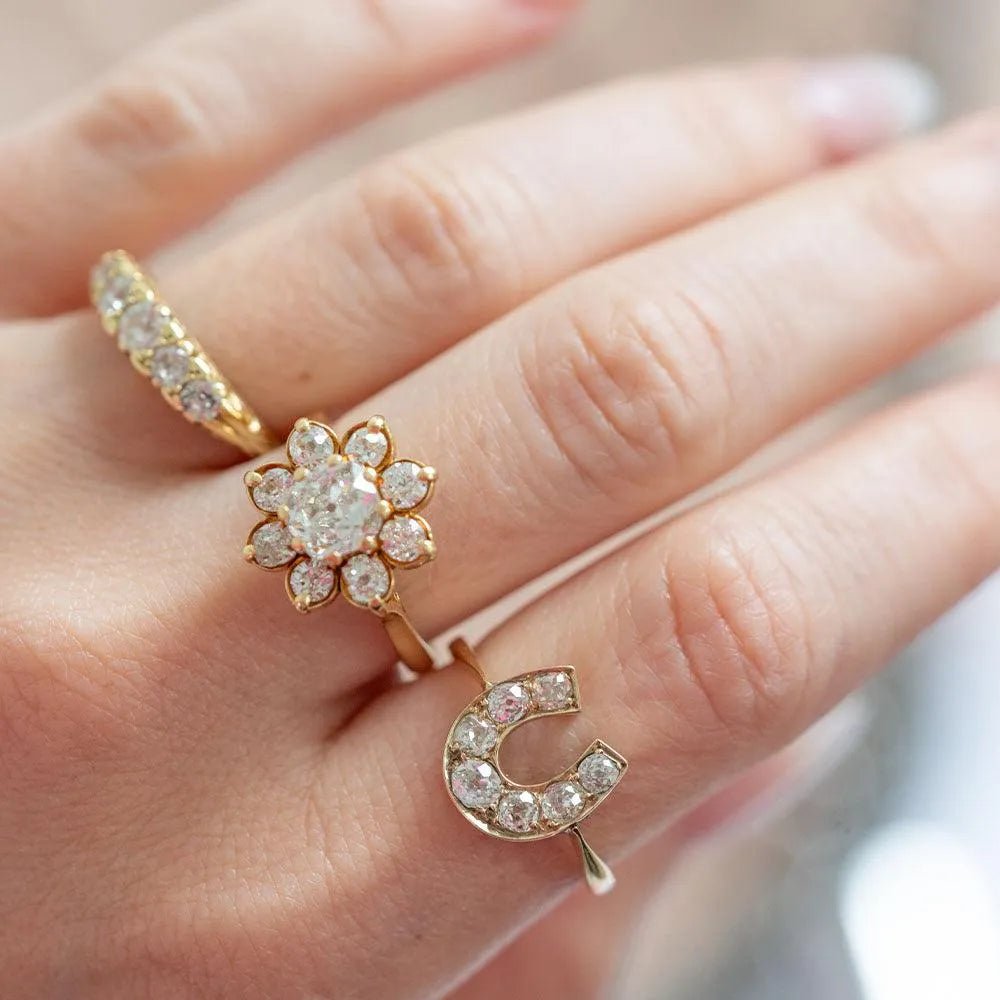 Vintage 2.45 Carat Old Mine and Old European Cut Diamond 18K Yellow Gold Flower Cluster Engagement Ring, view 12