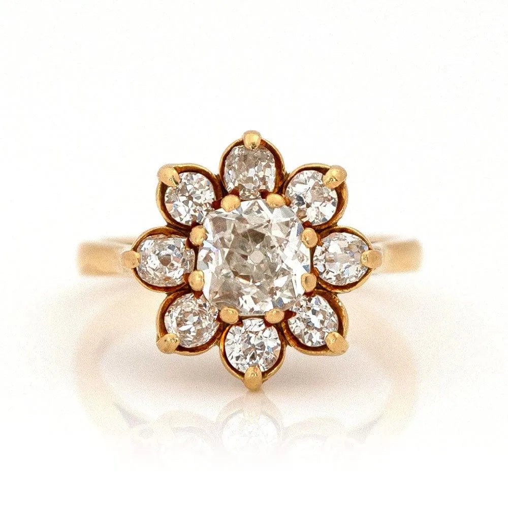 Vintage 2.45 Carat Old Mine and Old European Cut Diamond 18K Yellow Gold Flower Cluster Engagement Ring, view 10