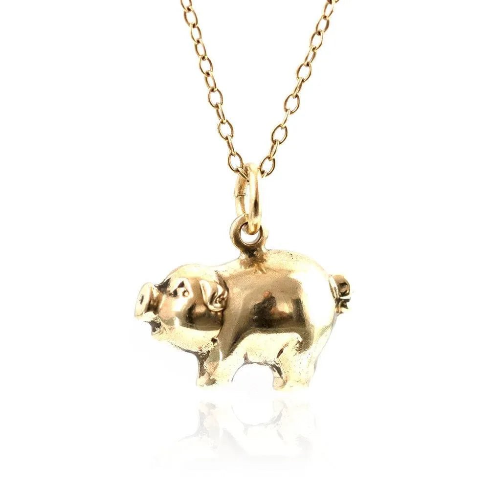 Vintage 9ct Gold Puffed Good Luck Pig Charm Necklace