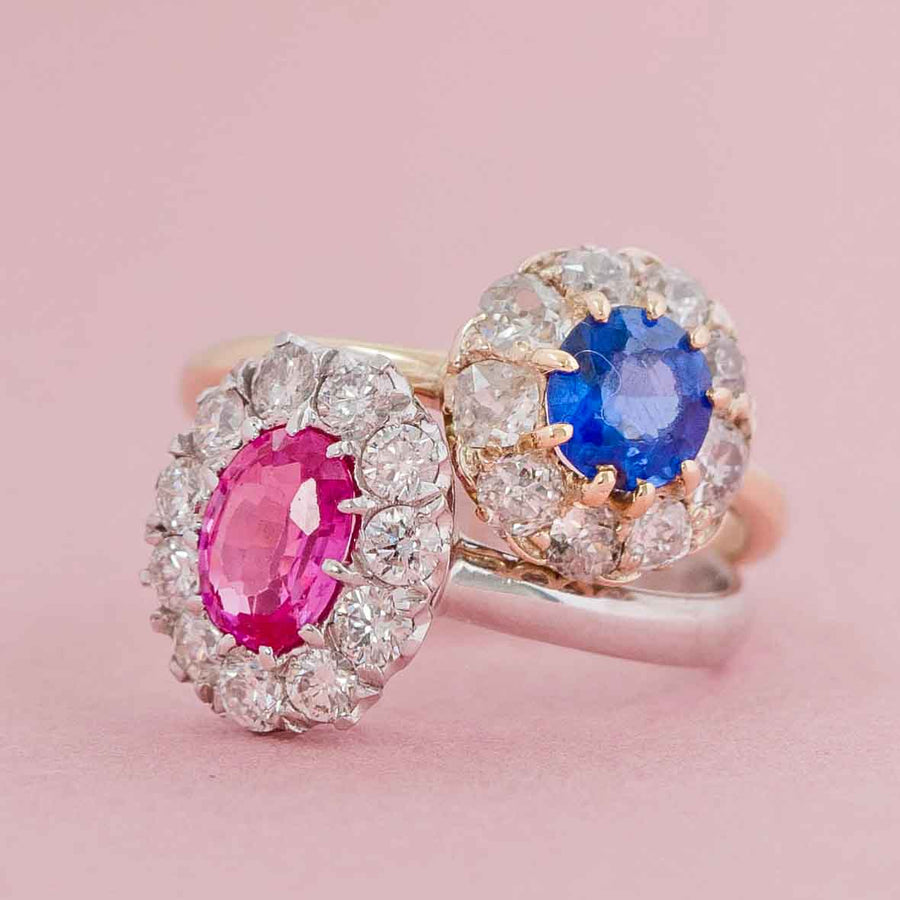 VINTAGE Rings Pink Sapphire Diamond Halo 18ct White Gold Ring Mayveda Jewellery