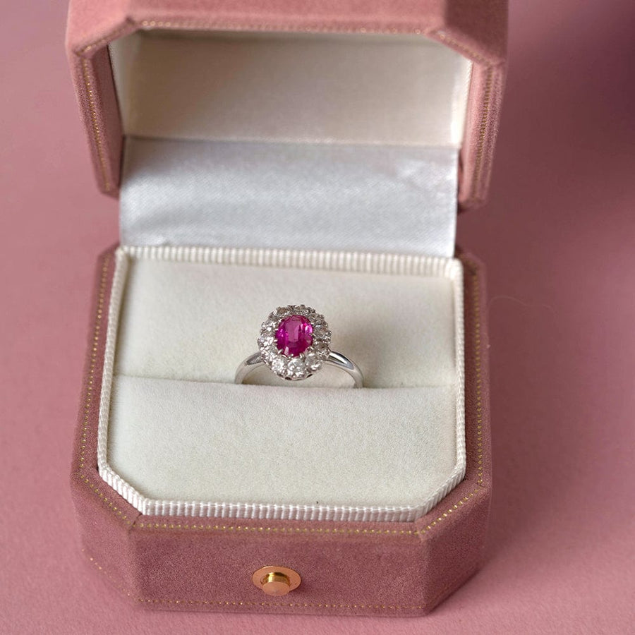 VINTAGE Rings Pink Sapphire Diamond Halo 18ct White Gold Ring Mayveda Jewellery