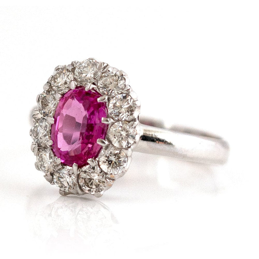 VINTAGE Rings Vintage Pink Sapphire Diamond Halo 18ct White Gold Ring Mayveda Jewellery