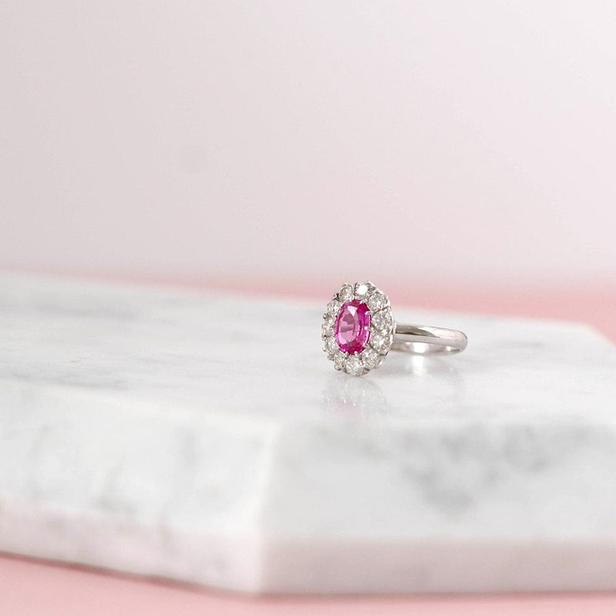 VINTAGE Rings Vintage Pink Sapphire Diamond Halo 18ct White Gold Ring Mayveda Jewellery