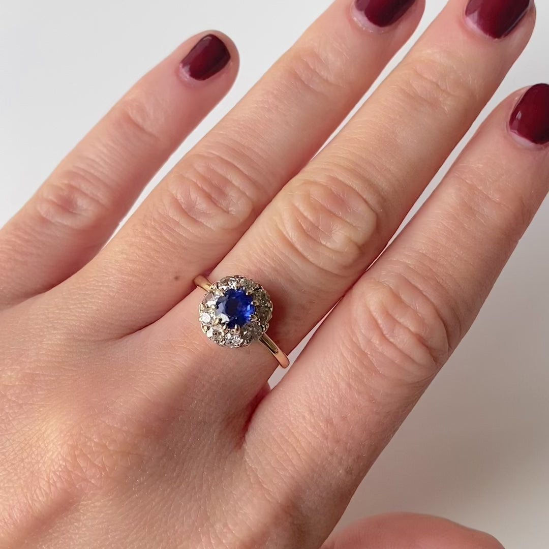 Anillo antiguo victoriano de zafiro de 0.85ct con diamantes de talla antigua, video