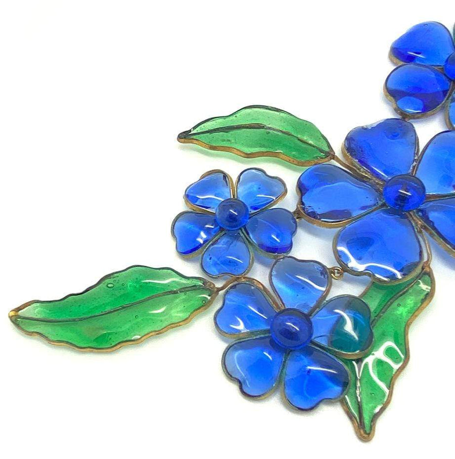 Vintage 1920s French Poured Glass Blue Flower Necklace