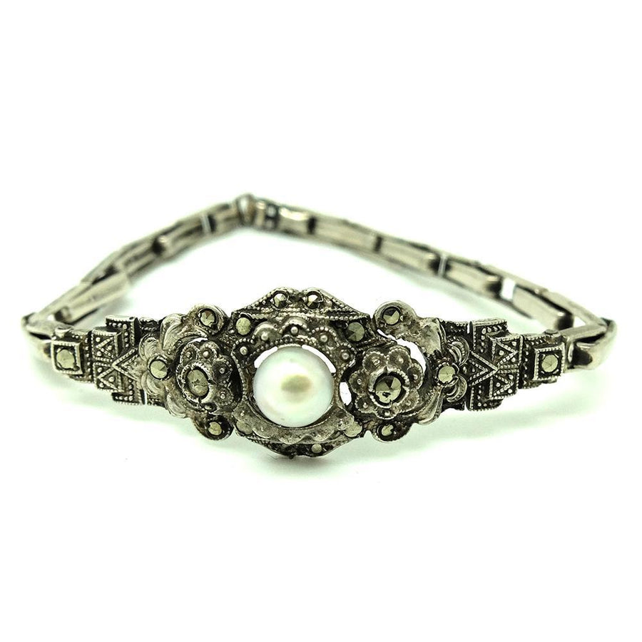 1930s Bracelet Vintage 1940s Marcasite Faux Pearl Silver Bracelet