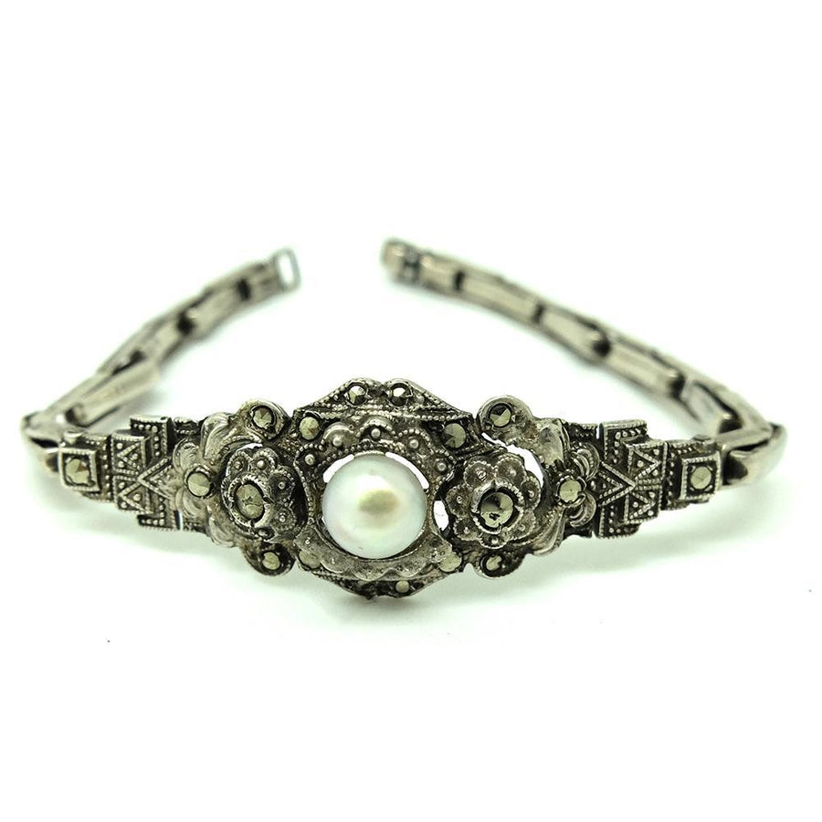 1930s Bracelet Vintage 1940s Marcasite Faux Pearl Silver Bracelet