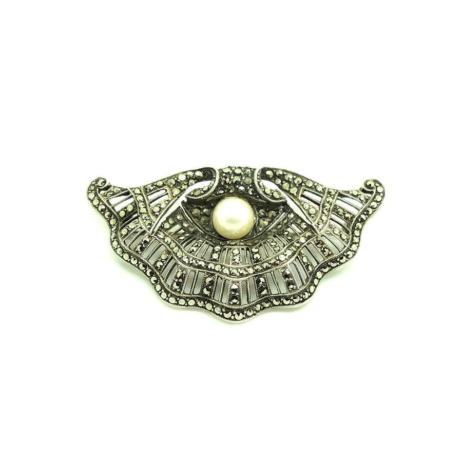 Vintage 1930s Pearl & Marcasite Silver Shell Brooch