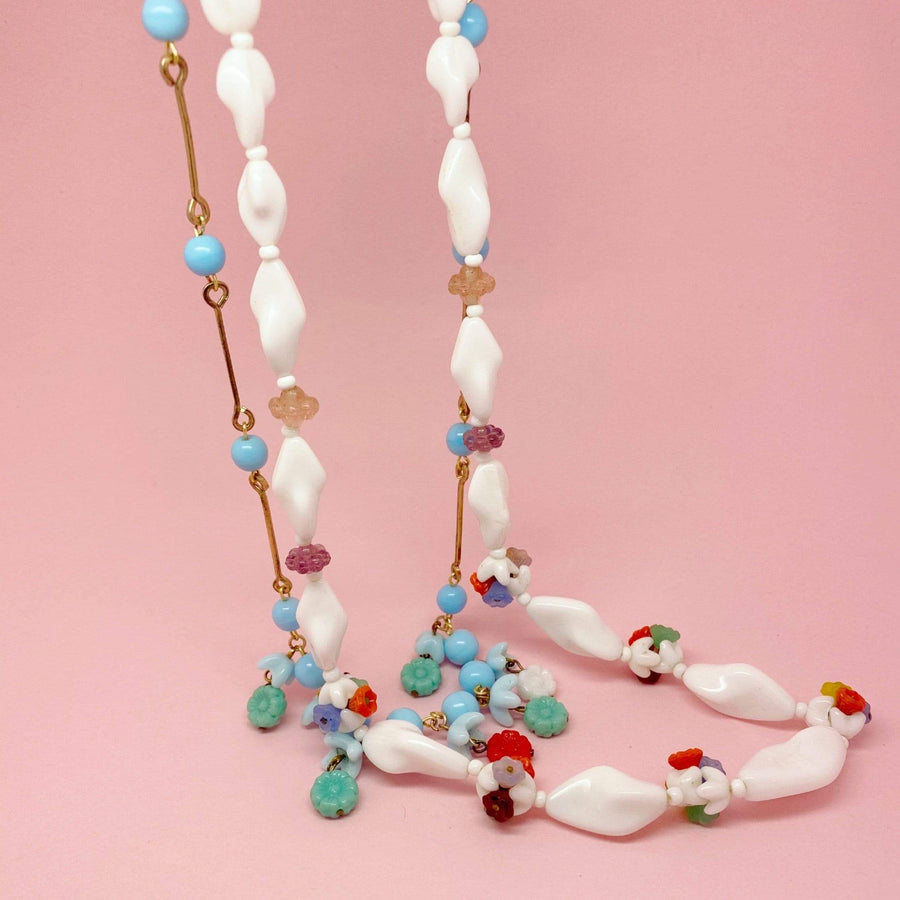 Vintage 1930s Flower & White Blue Beaded Necklace Set