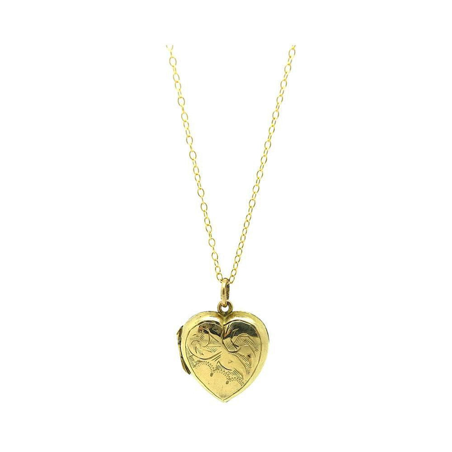 Vintage 1930s Engraved 9ct Gold Heart Locket Necklace