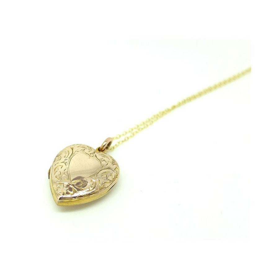 Vintage 1930s Engraved 9ct Rose Gold Engraved Heart Locket Necklace