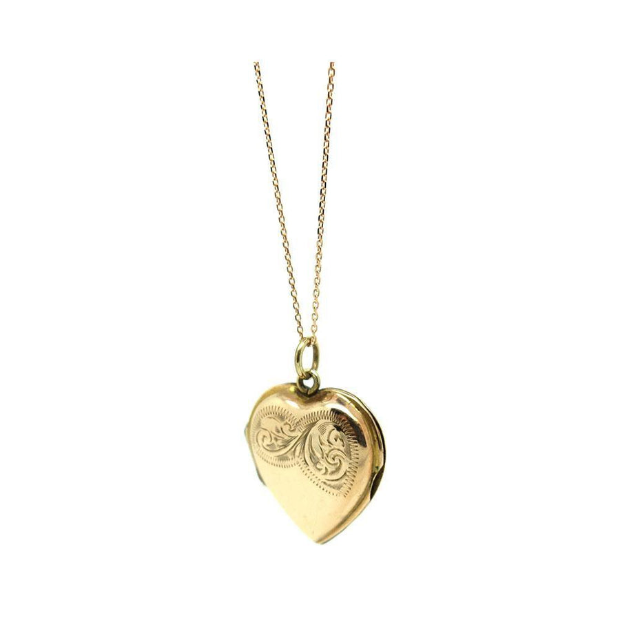 Vintage 1930s Engraved 9ct Rose Gold Heart Locket Necklace