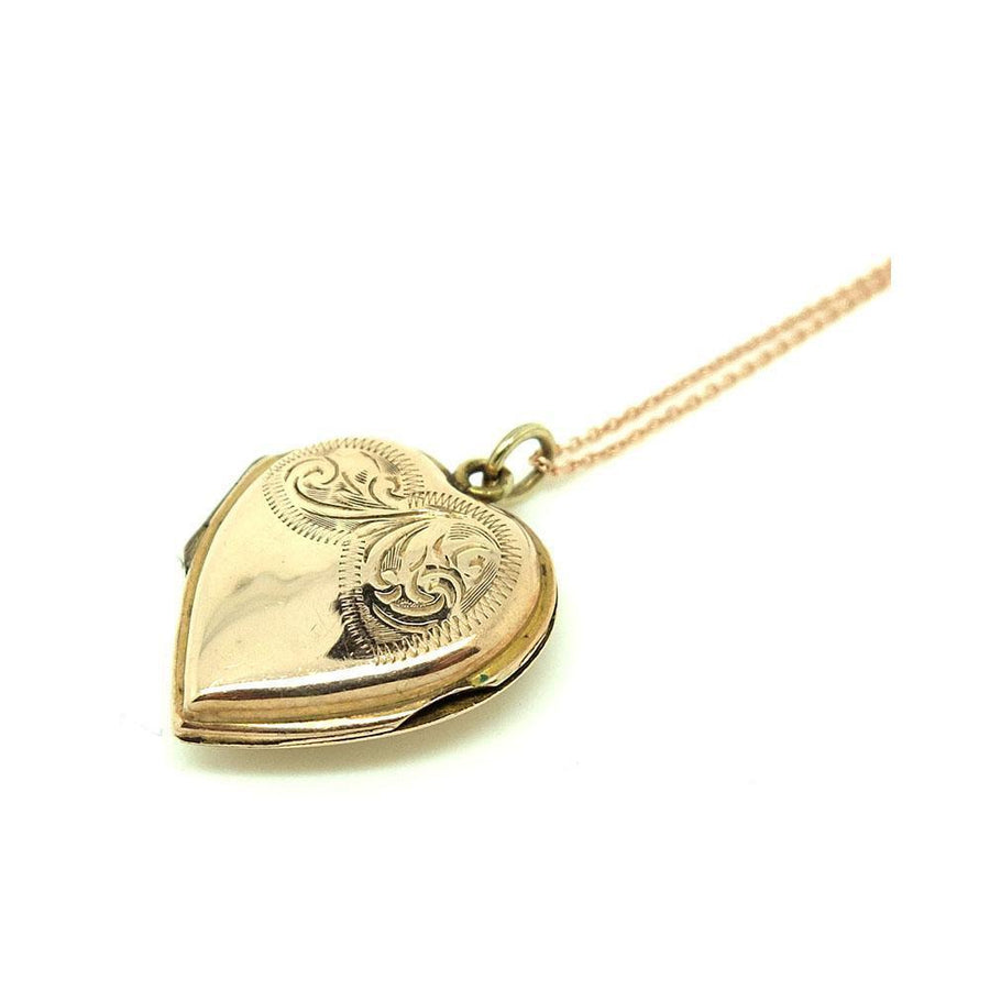 Vintage 1930s Engraved 9ct Rose Gold Heart Locket Necklace