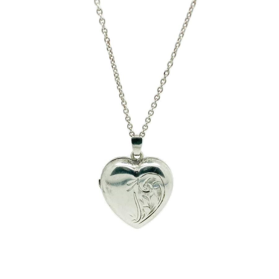 Vintage 1930s Silver Engraved Heart Locket Necklace