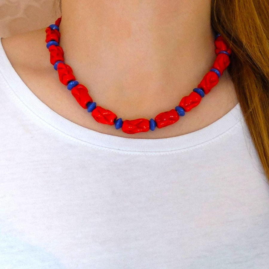 Vintage Art Deco 1930s Red & Blue Beaded Necklace