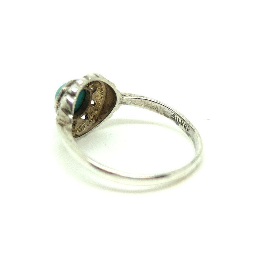 Vintage 1930s Blue Turquoise Glass Marcasite Silver Ring