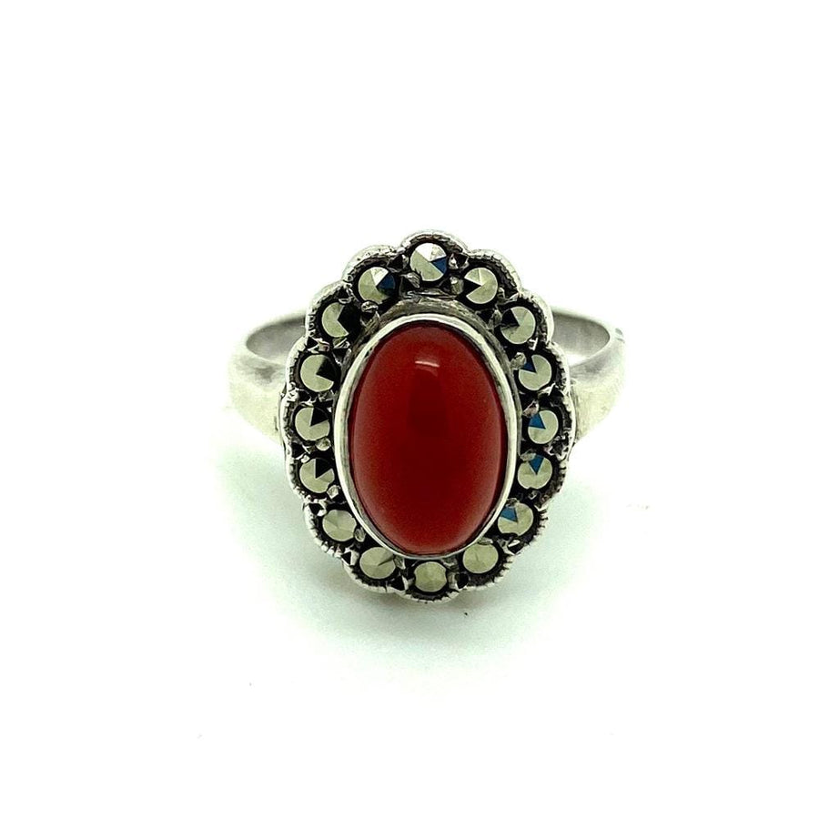 Vintage 1930s Carnelian Marcasite Silver Ring