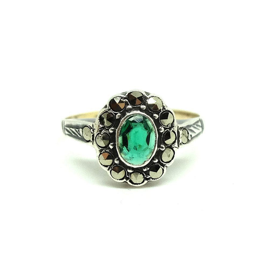 Vintage 1930s Emerald Glass & Marcasite Silver Ring