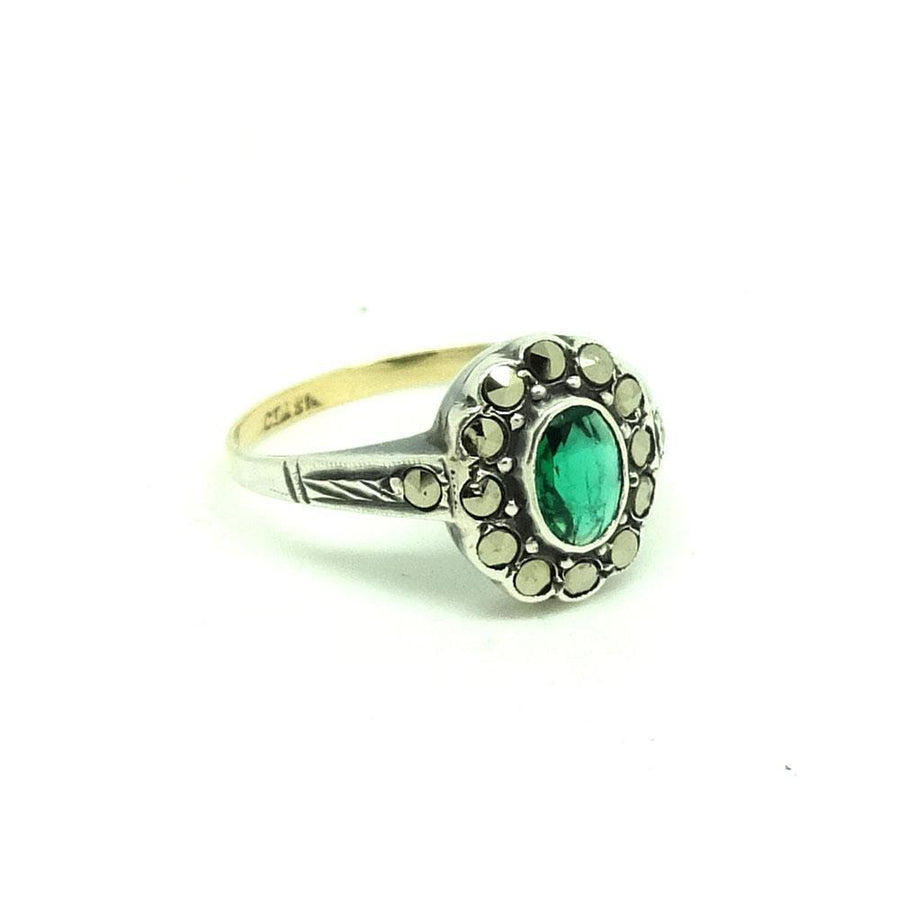 Vintage 1930s Emerald Glass & Marcasite Silver Ring