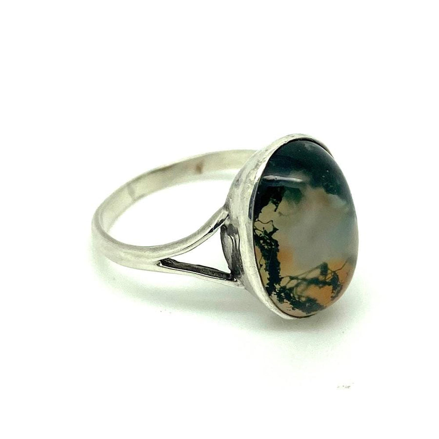 Vintage 1930s Moss Agate Silver Ring