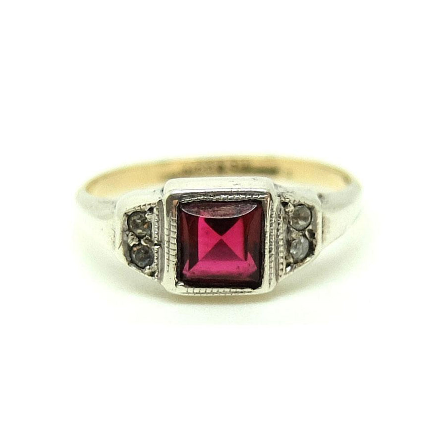 Vintage 1930s Red Glass Silver & 9ct Gold Ring
