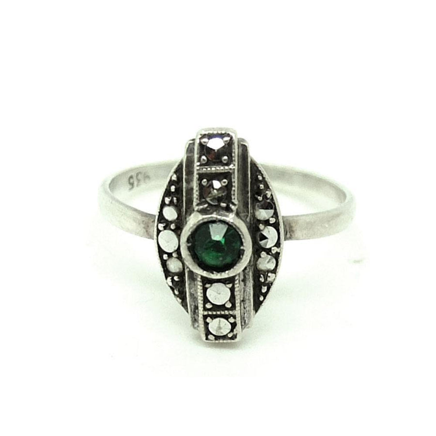 Vintage Emerald Glass Geometric Silver Marcasite Ring