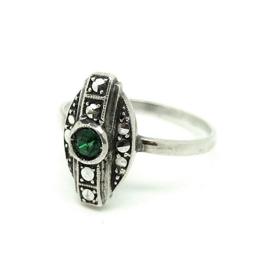 Vintage Emerald Glass Geometric Silver Marcasite Ring