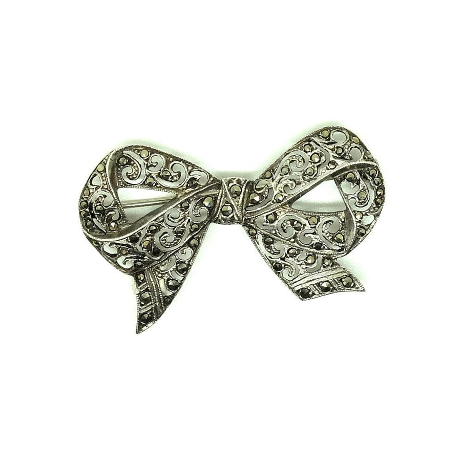 Vintage 1940s Marcasite Sterling Silver Bow Brooch