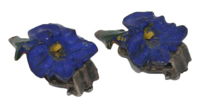 Boucles d'oreilles fleur bleue gentiane vintage des années 1940
