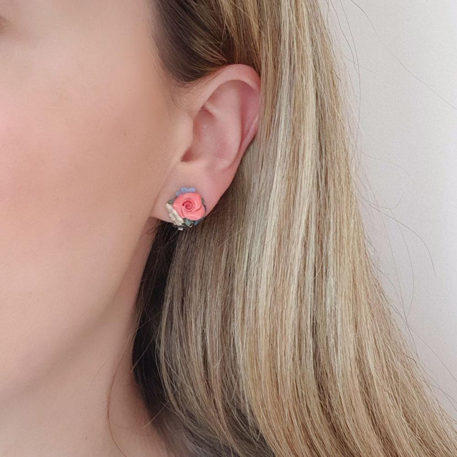 Vintage 1940s Pink Flower Clip on Earrings