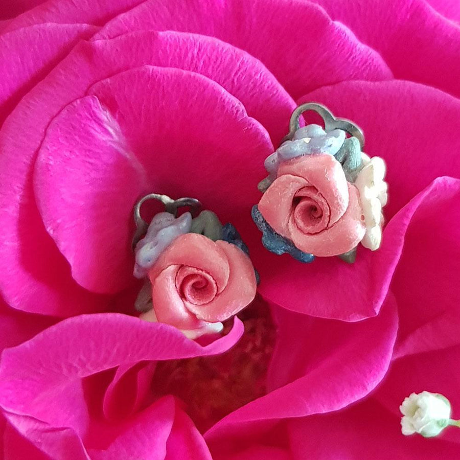Vintage 1940s Pink Flower Clip on Earrings