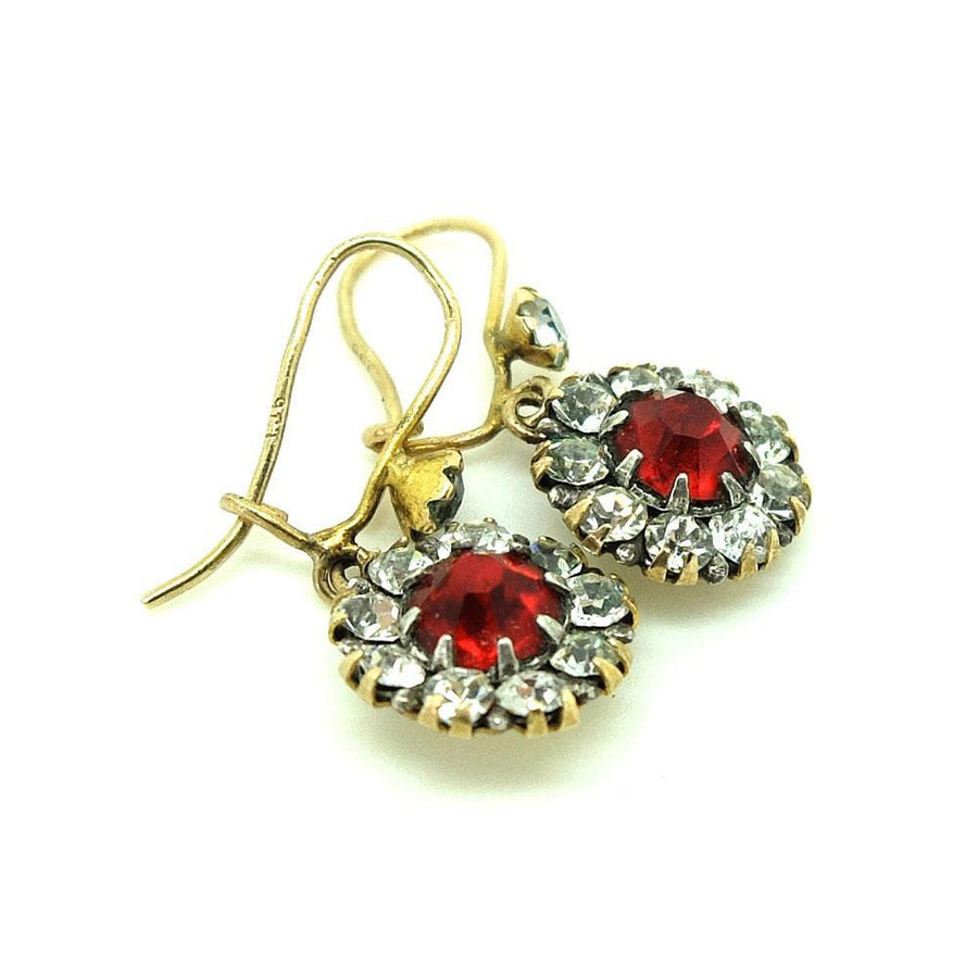 Vintage 1940s Red Paste 9ct Gold Drop Earrings