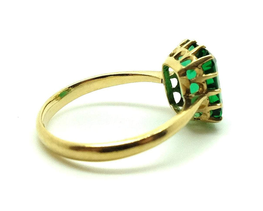 Vintage 1940s Emerald Glass 14ct Yellow Gold Ring (Size: N)