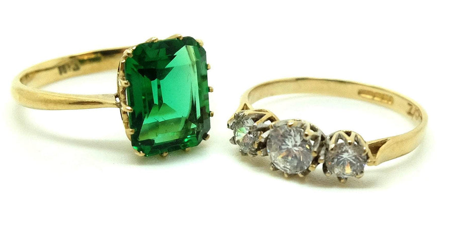 Vintage 1940s Emerald Glass 14ct Yellow Gold Ring (Size: N)