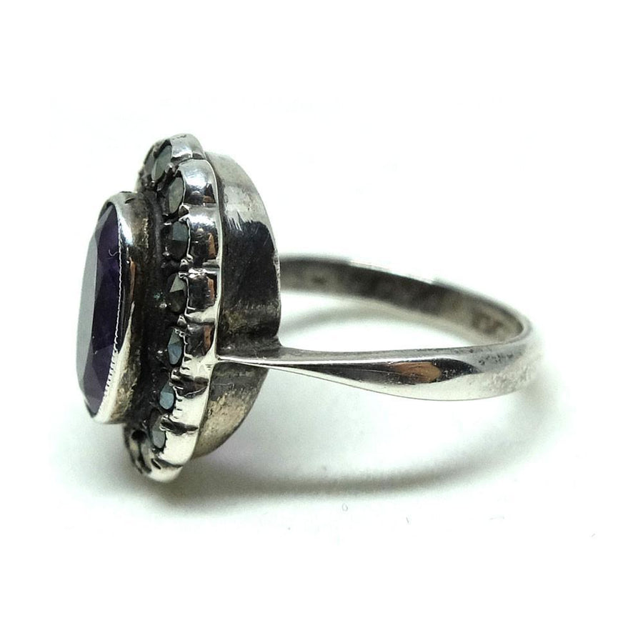Vintage 1940s Marcasite Amethyst Gemstone Silver Ring | J / 5